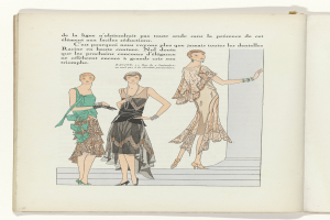 An open book featuring three 1920s women in detailed, colorful dresses, with classic typography on the page.