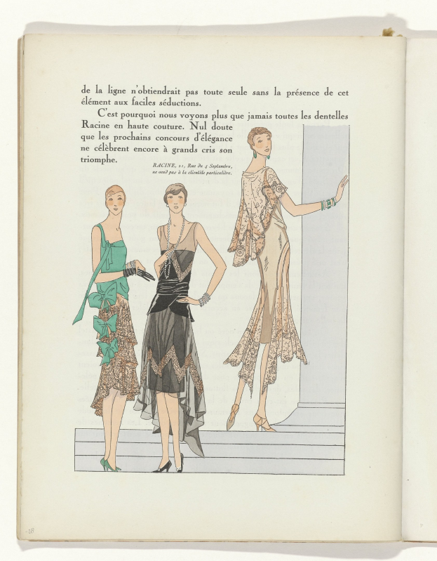 An open book featuring three 1920s women in detailed, colorful dresses, with classic typography on the page.
