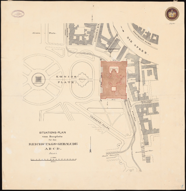 Alte Berlin-Karte mit einem roten Quadrat in der Mitte, auf Papier gedruckt mit Text, vor einem schwarzen Hintergrund.