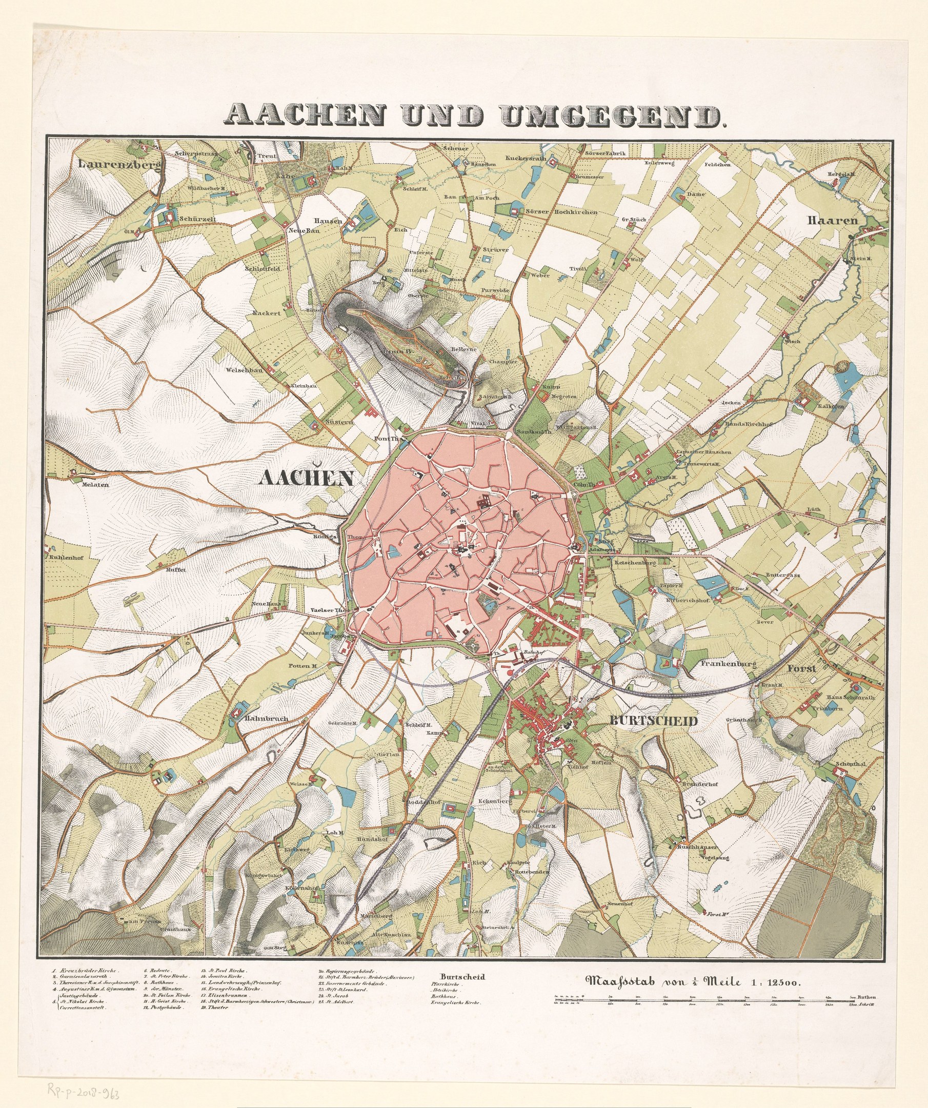Detailed old map of Aachen, Germany, with streets, buildings, and landmarks, featuring text at the top and bottom.