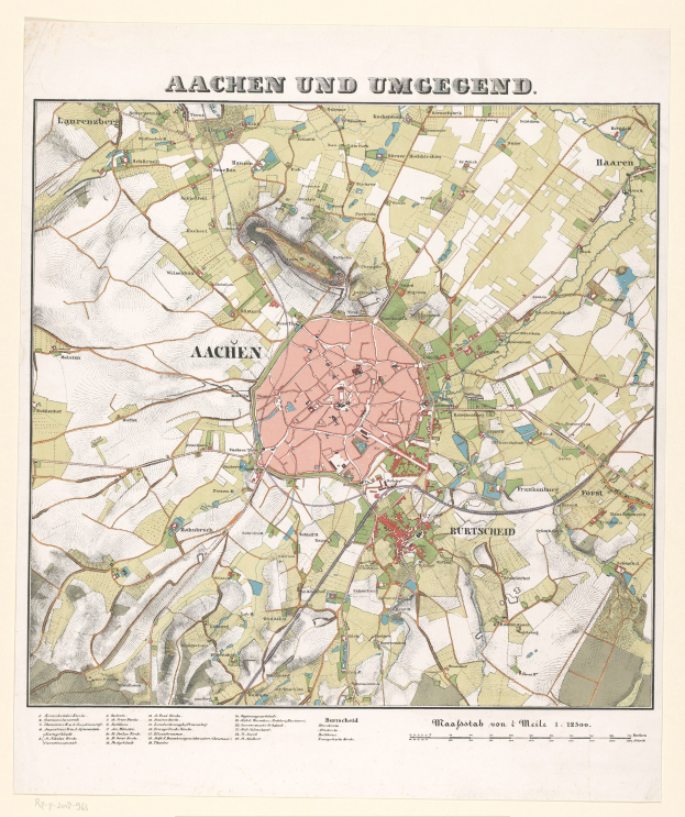 Detailed old map of Aachen, Germany, with streets, buildings, and landmarks, featuring text at the top and bottom.