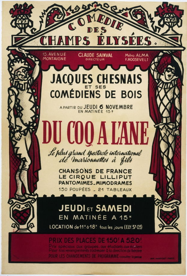 Plakat, das eine Comedy-Show im Champs-Élysées in Paris ankündigt, mit Text und Bildern.