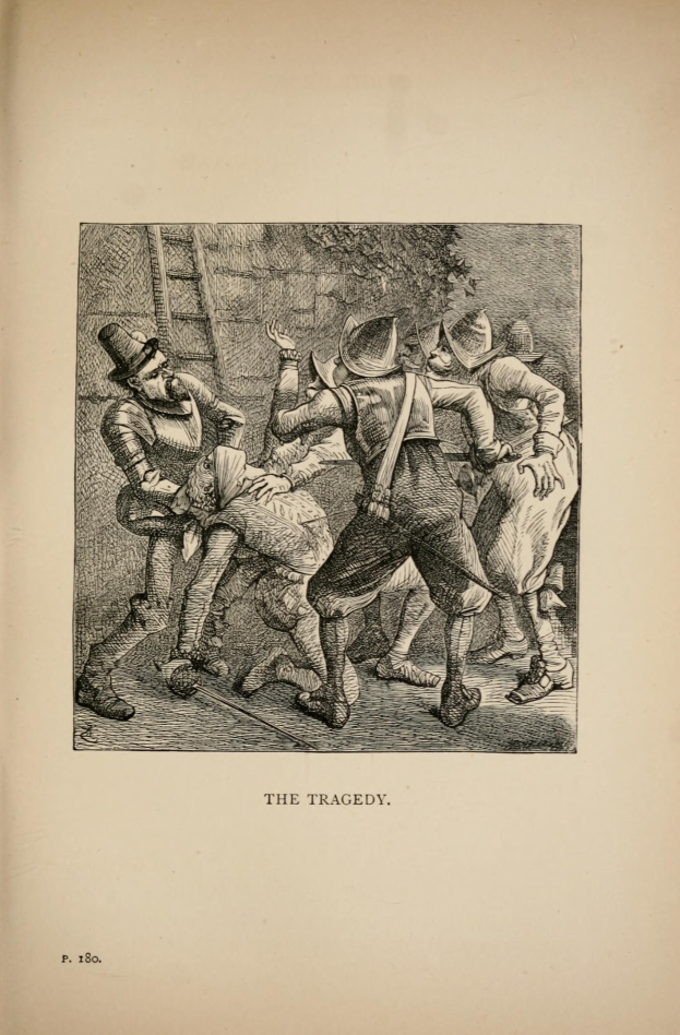 Offenes Buch mit einer Skizze von verstörten Menschen, betitelt mit "Die Tragödie" unten.