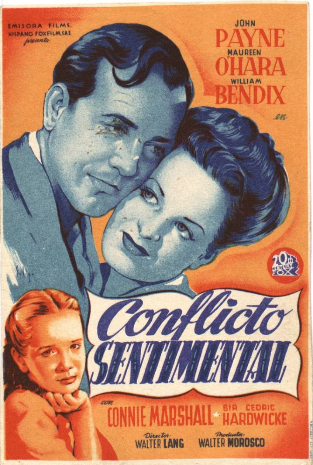 Filmplakat für "Conflicto Sentimental" zeigt einen Mann in einem schwarzen Anzug und weißem Hemd und eine Frau in einem smaragdgrünen Kleid nebeneinander vor einem tiefblauen Hintergrund mit Sternen.