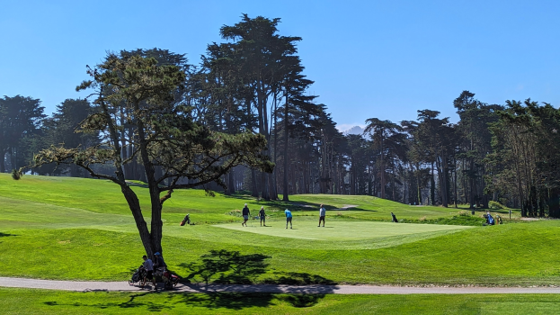 Eine Gruppe von Menschen, die auf einem grünen Feld mit Bäumen und einem blauen Himmel Golf spielt, einschließlich einer Person im Rollstuhl im Vordergrund.