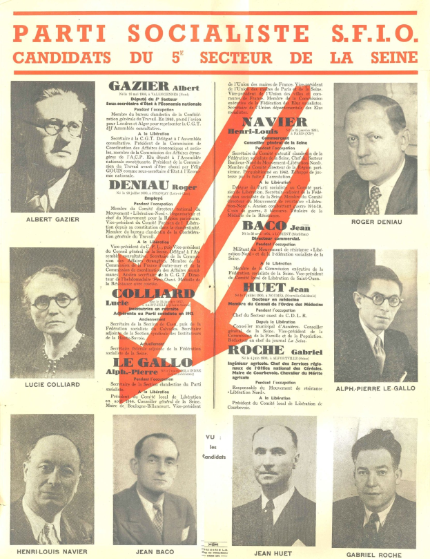 Plakat für Kandidaten der Parti Socialiste S.F.I.O. im 5. Sektor von Seine, mit einem roten Pfeil nach rechts.