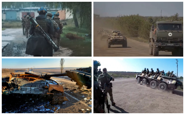 Vier Bilder, die ukrainische Soldaten bei der Arbeit zeigen: Soldaten in Helmen mit Waffen in der Nähe von Fahrzeugen und Gebäuden, ein Panzer auf der Straße, Soldaten in Fahrzeugen und ein zerstörtes Fahrzeug.