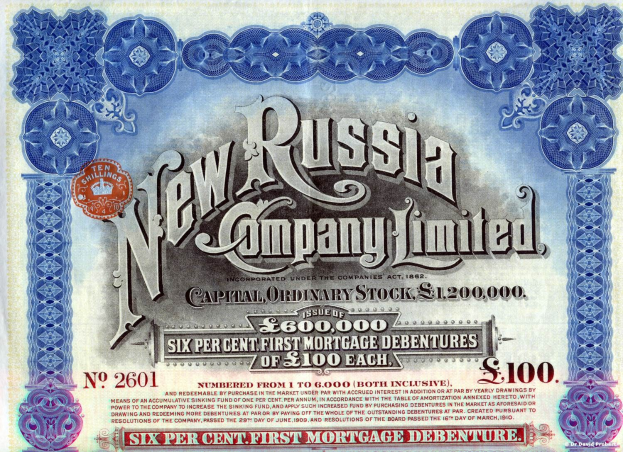 Aktienzertifikat der New Russia Company Limited mit blauem Hintergrund, weißer Schrift und fetten schwarzen Zahlen.