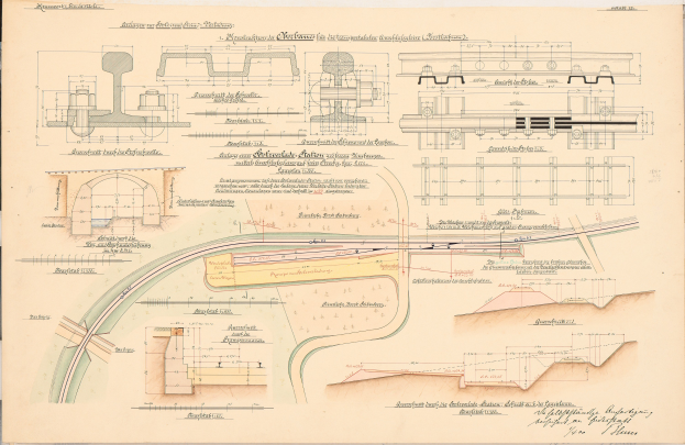 Eine detaillierte Zeichnung eines alten Buchumschlags mit einer Illustration einer Eisenbahnschiene, mit sorgfältigen Skizzen und Text, der eine Eisenbahnanlage umreißt.