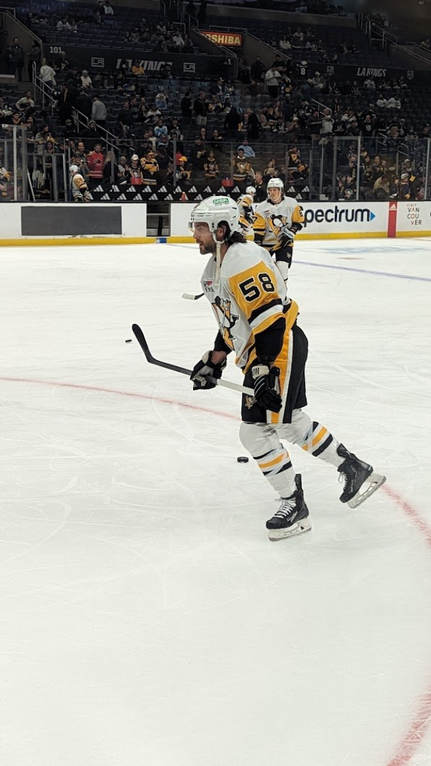 Eishockeyspieler in Ausrüstung mit einem Stock auf dem Eis mit Zuschauern in den Rängen und Eisumrandung im Hintergrund.