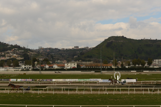 Eine Pferderennbahn mit Pferden und Jockeys, umgeben von grünem Gras, weißen Geländern, Bannern, Polen, Bäumen, Gebäuden und einem Hügel im Hintergrund.