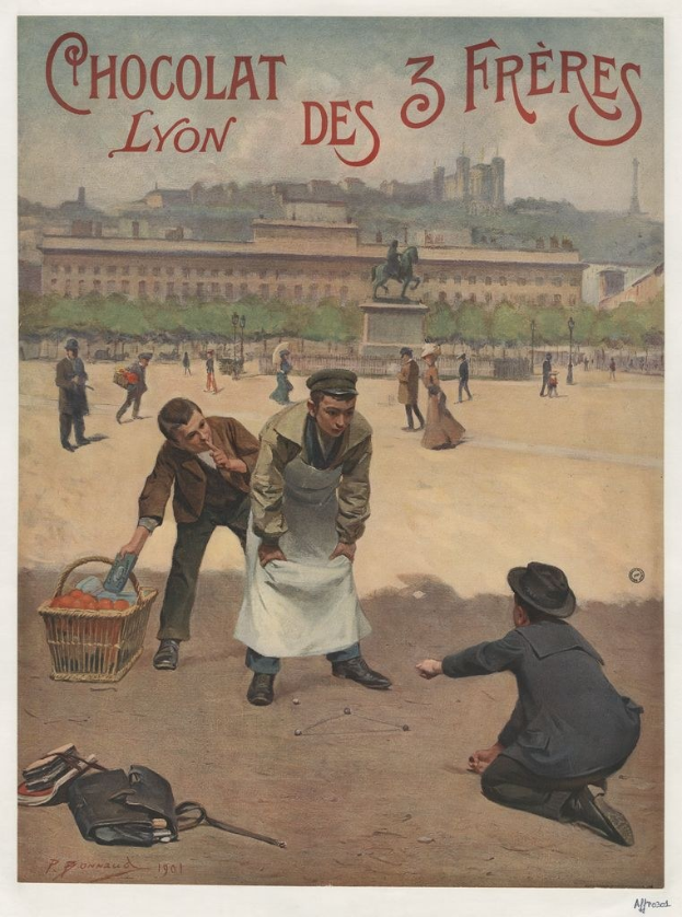 Poster advertising "Chocolat des 3 Freres Lyon" with people, a fruit basket, buildings, trees, a statue, and a blue sky in the background.