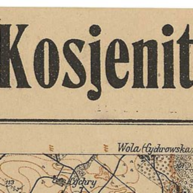Old book titled "Kosjenit" beside a detailed map of Wola, Poland, showing streets, buildings, and landmarks in a classic font.