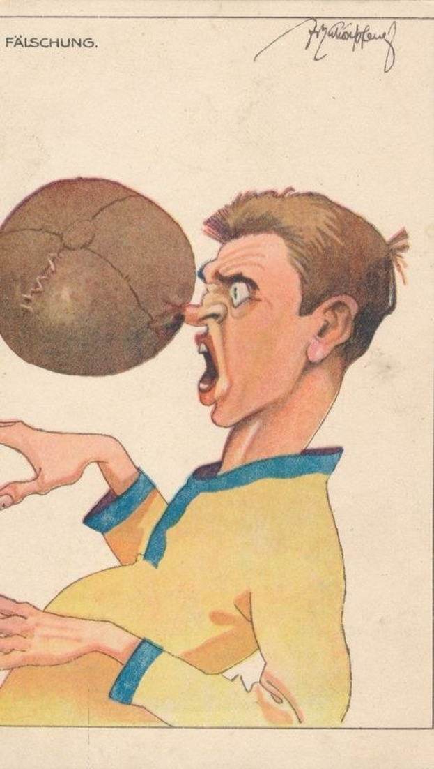 Cartoon-Illustration auf einer alten Postkarte eines Mannes in einem gelben und blauen Hemd, der einen Fußball im Mund hält, mit einem verschmitzten Ausdruck und handgeschriebener Text.