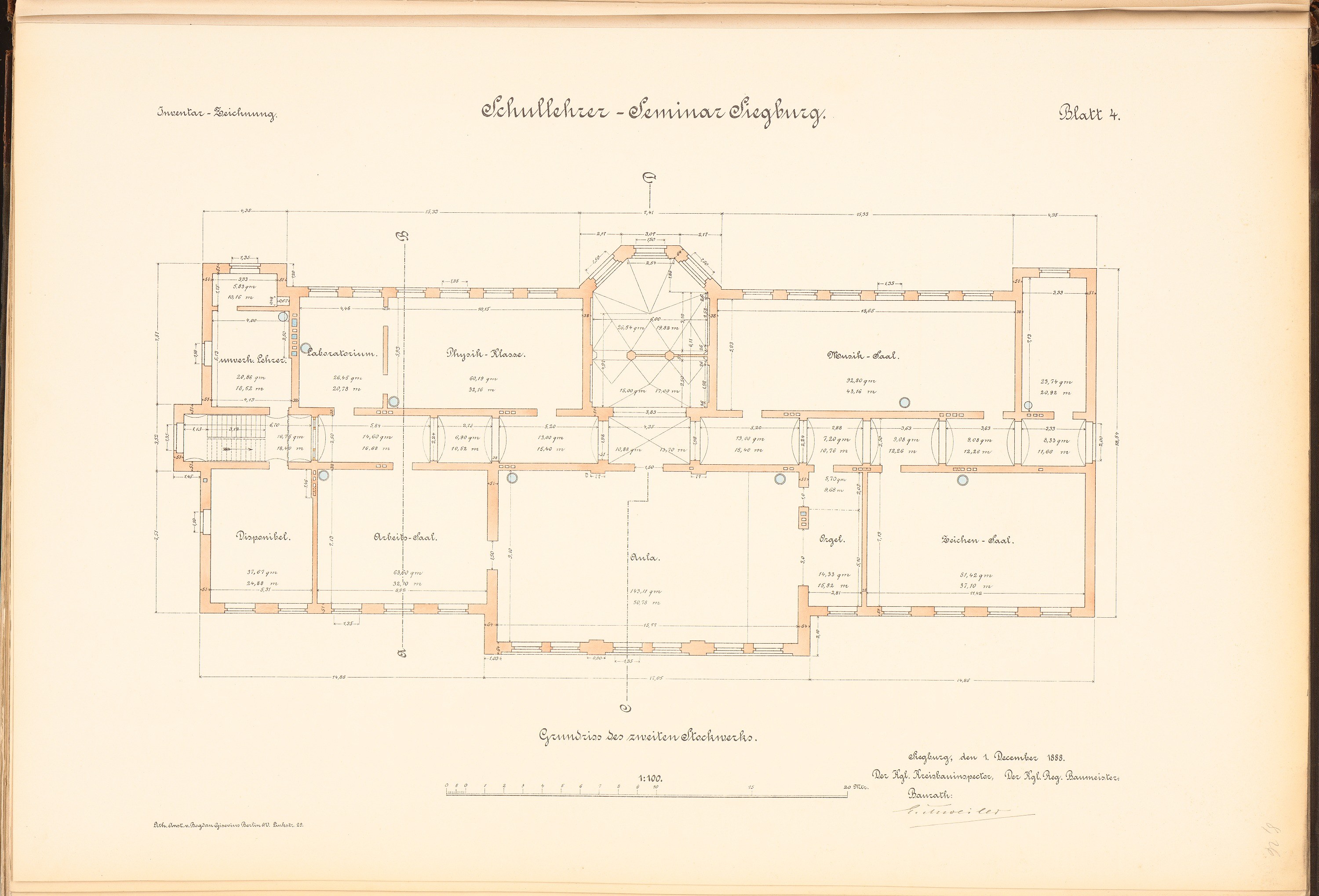 Old book with a detailed floor plan drawing of the Schullacher-Seminar Schütze German school building, showing room layouts, windows, doors, and textual annotations.