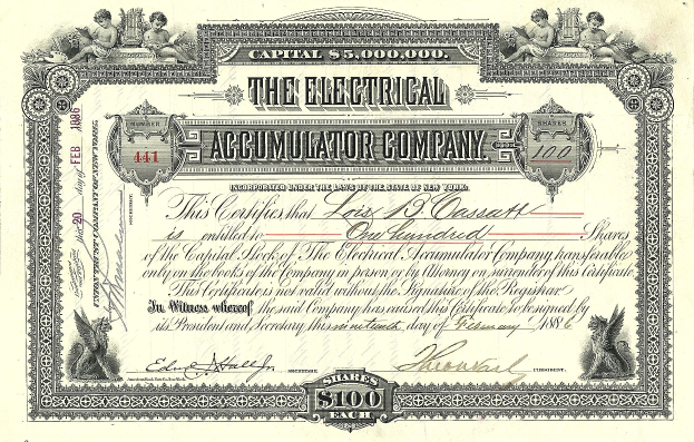 Aktienzertifikat der Elektrischen Akkumulatorengesellschaft mit detaillierten Designs und Text, der "The Electrical Accumulator Company" und numerische Details liest.