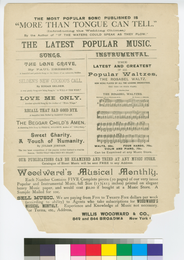 Ein Stück Papier mit dem Text "Das Beliebteste Veröffentlichte Lied ist Mehr Als Zunge Kann Erzählen" und Farbmustern unten.