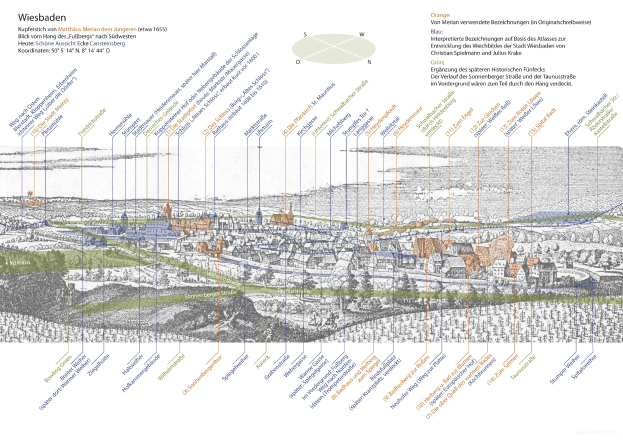 Ein detaillierter Stadtplan von Wiesbaden, Deutschland, mit historischen Textanmerkungen, unter Verwendung von blau, grün und gelb für die umliegenden Städte und Ortschaften.