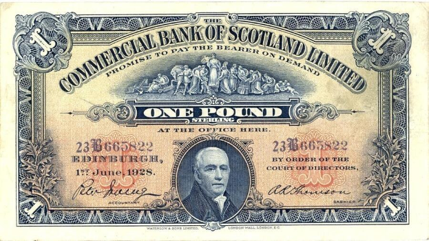 Alte Ein-Pfund-Banknote der Commercial Bank of Scotland Limited mit einem zentralen Porträt, Text und numerischen Details.