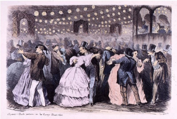 Eine Gruppe von Menschen, die in einem Ballsaal tanzen mit Text unten 'Madame Baille Nacional en la Campagne Bleuet, 1860'.