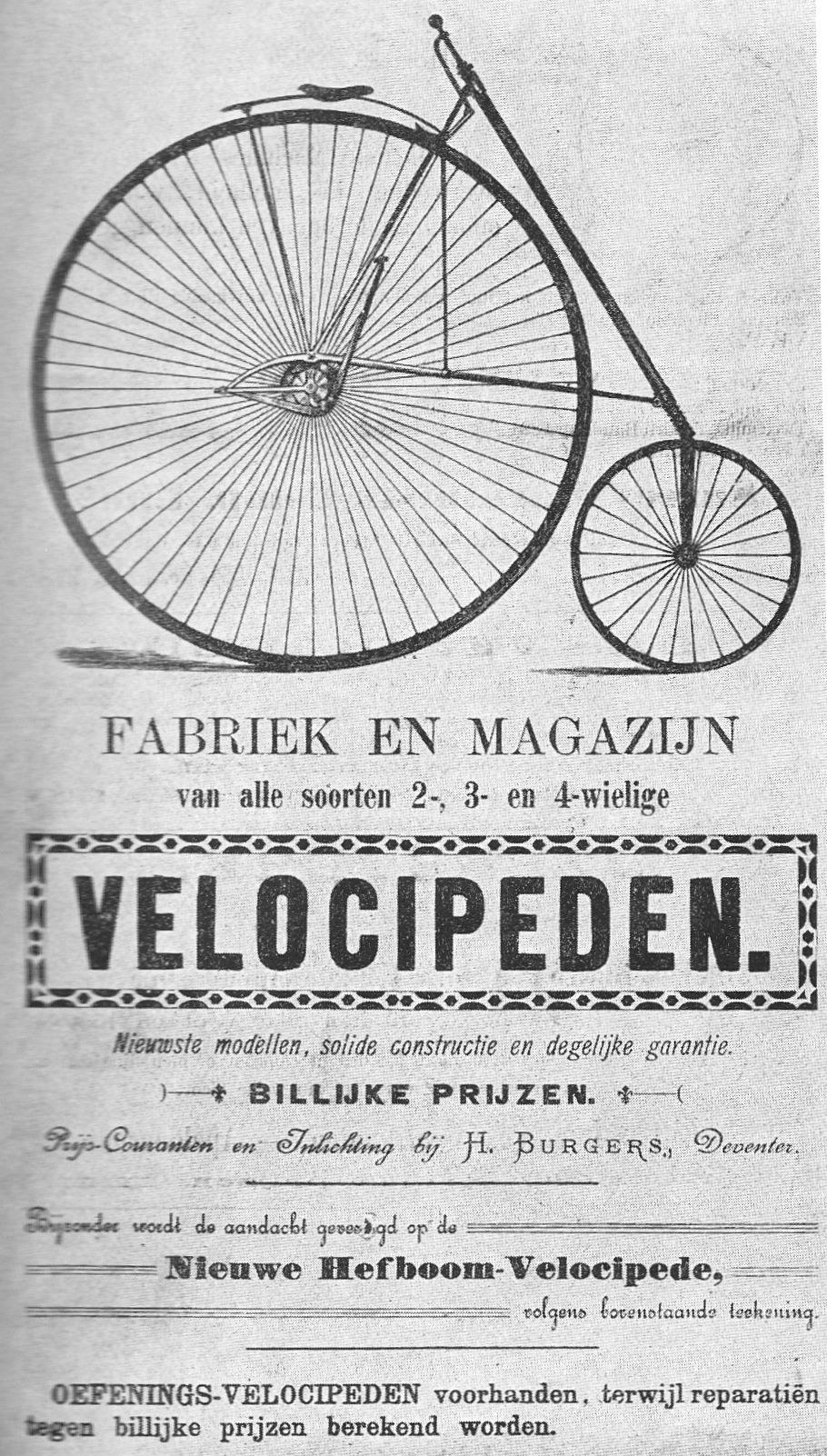 Advertisement poster for a velocipede, featuring a large central wheel and text describing its features.