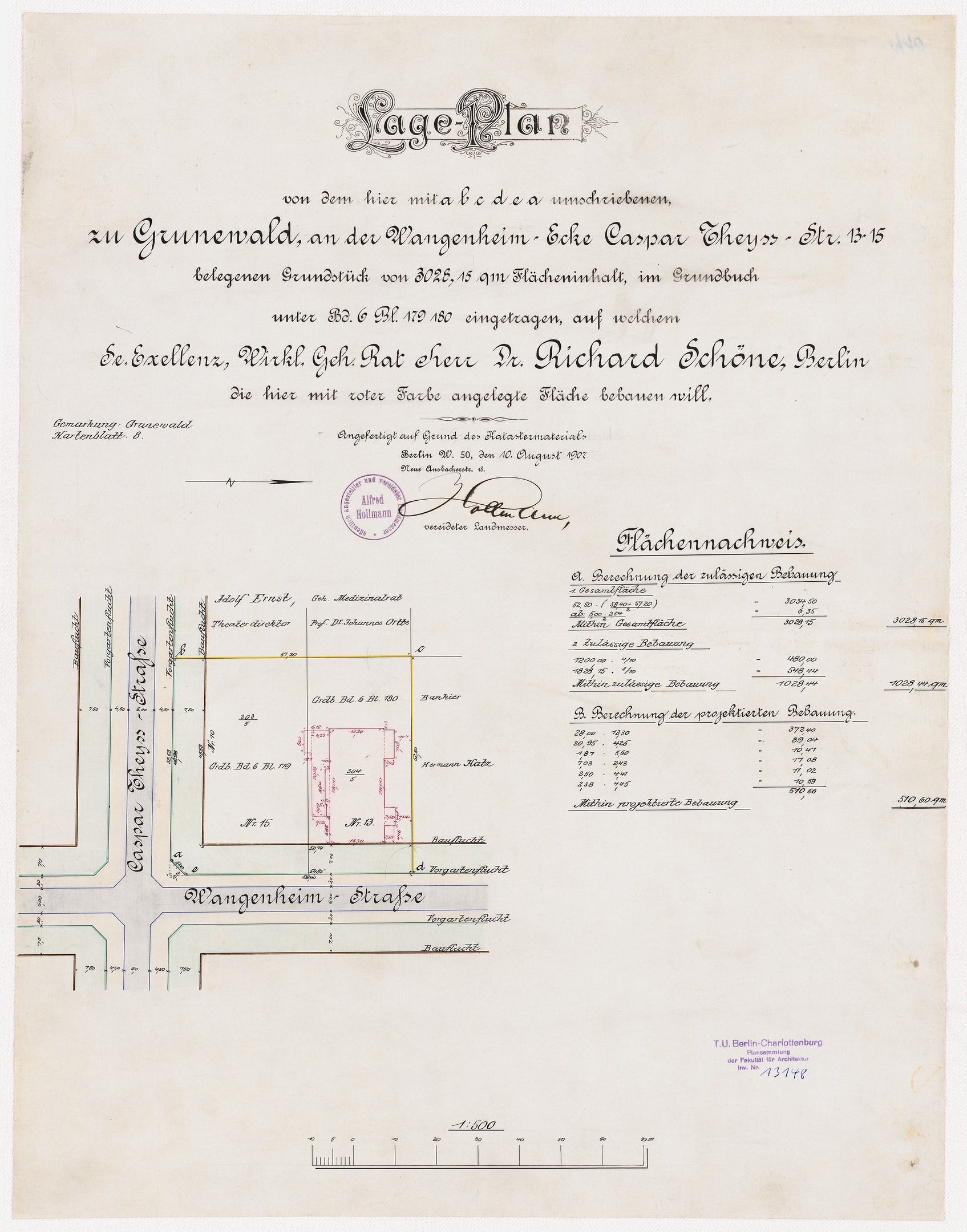 Ein detaillierter alter Stadtplan eines Parkplatzes in Berlin, der den Aufbau, Text und einen Stempel zeigt, der den Standort angibt.