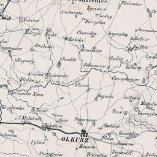 Schwarze und weiße Karte von Olkutsk mit Straßen, Gebäuden und Sehenswürdigkeiten.