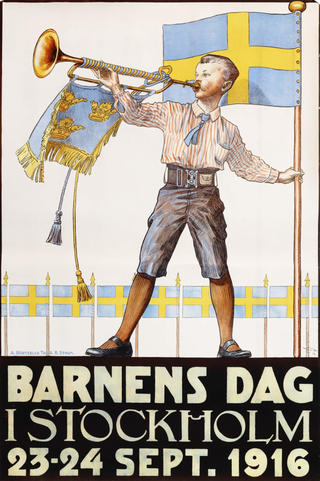 Plakat für ein 1916er Stockholm-Konzert mit einer Person, die eine Fahne und ein Musikinstrument hält, sowie Text und einem Zaun im Hintergrund.