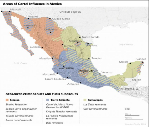 Eine Karte Mexikos mit verschiedenen Farben, die Gebiete der Kartellhoheit hervorheben, begleitet von Text mit weiterer Information.