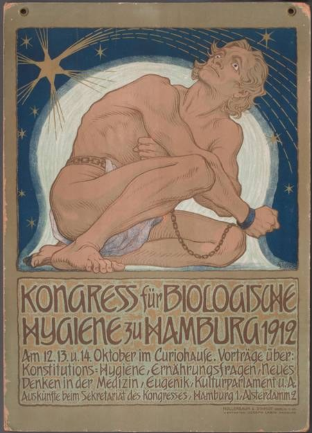 Poster for the 1912 Congress for Biological Hygiene in Hamburg, Germany, featuring a painted figure with text.