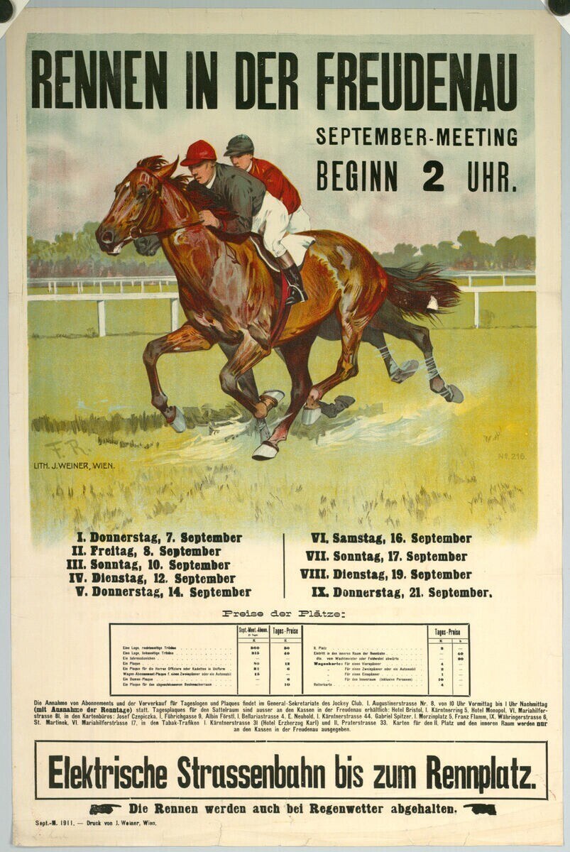 Plakat für ein Pferderennen in Deutschland, das zwei Reiter auf Pferden im Vordergrund mit Bäumen im Hintergrund zeigt und Text mit Renninformationen.