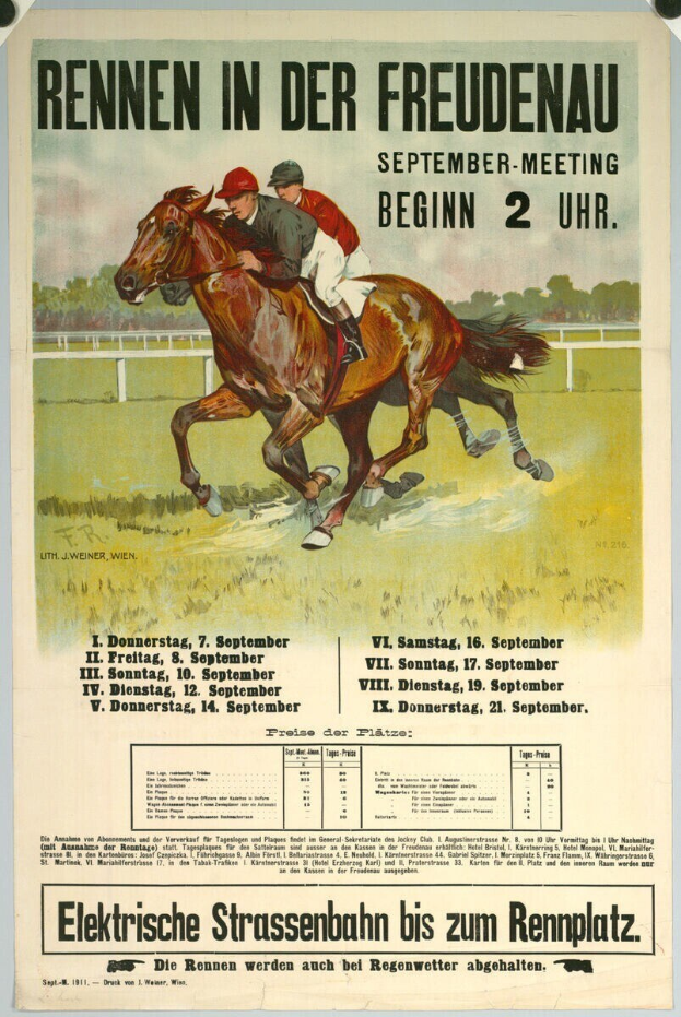 Plakat für ein Pferderennen in Deutschland, das zwei Reiter auf Pferden im Vordergrund mit Bäumen im Hintergrund zeigt und Text mit Renninformationen.