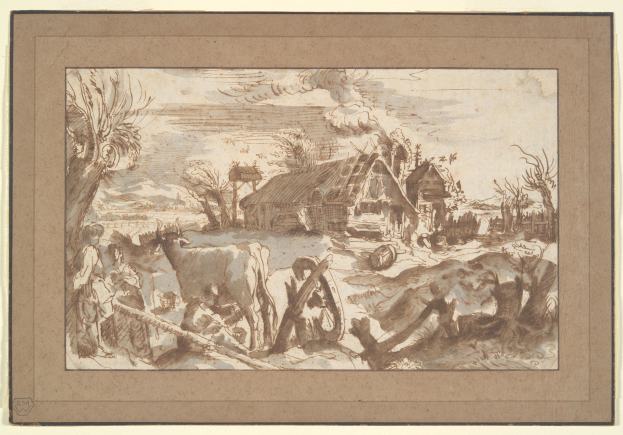 Eine Zeichnung, die eine Farmszene mit einem Mann und einer Frau im Vordergrund zeigt, umgeben von Tieren, einem Wagen, Häusern, Bäumen und einem Himmel im Hintergrund.