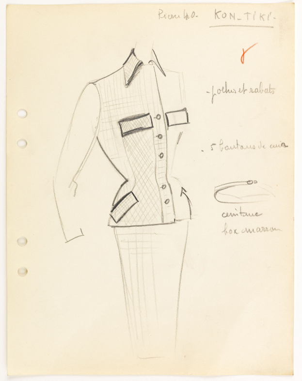 Detailierter Entwurf eines Hemdes mit Kragen und langen Ärmeln, das mit hautengen, hochgeschnittenen Hosen kombiniert wird, gezeichnet auf Papier mit begleitendem fettem Text.