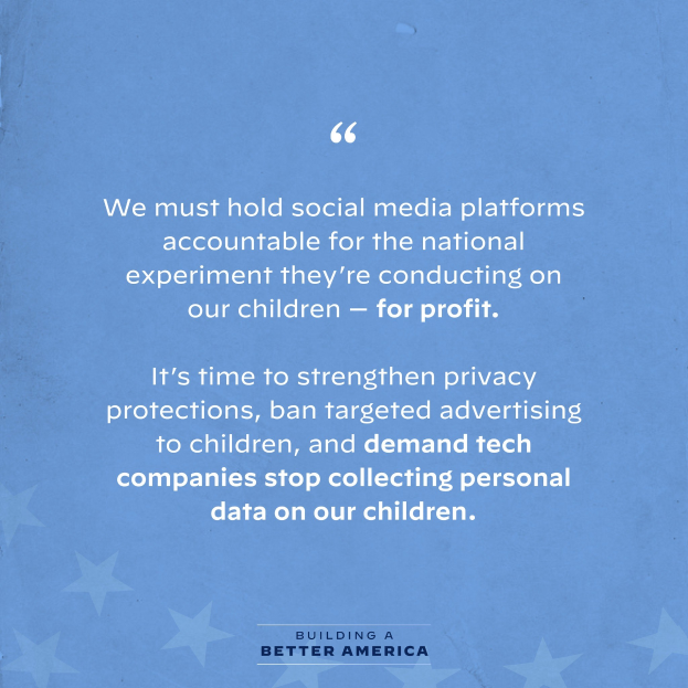 Plakat mit einem Zitat aus Building a Better America, das besagt, dass soziale Medien-Plattformen für das Experimentieren an Kindern zum Profit zur Rechenschaft gezogen werden sollten, dekoriert mit Sternen.