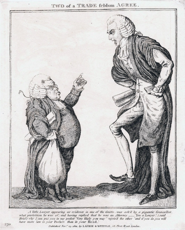 Ein Blatt Papier mit einer Zeichnung von zwei Personen, von denen eine eine Tasche hält, und dem Text "Zwei eines Handelsfeldes einigen sich."