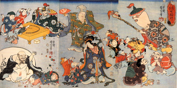 Gemälde von Utagawa Kunisada Toyokuni III aus der Serie Fifty-Three Stations of the Tokaido, das eine Gruppe von Menschen beim Schachspielen zeigt, in leuchtenden Farben und detaillierten Details dargestellt.
