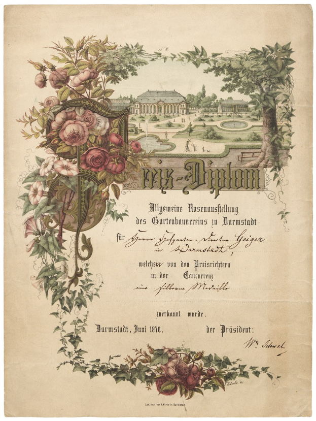 Old 1870 German diploma for gardeners in Darmstadt with a building illustration and floral border.