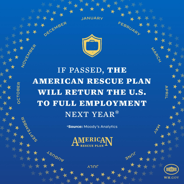 Blauer Plakat mit weißer Schrift und einem Logo, das besagt: "Wenn verabschiedet, wird das American Rescue Plan die USA nächstes Jahr wieder zur Vollbeschäftigung führen."