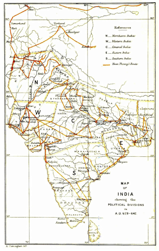 Eine detaillierte Karte von Indien, die die politischen Grenzen des britischen Reichs zeigt, mit Text und Linien, die die Staaten und Territorien markieren.