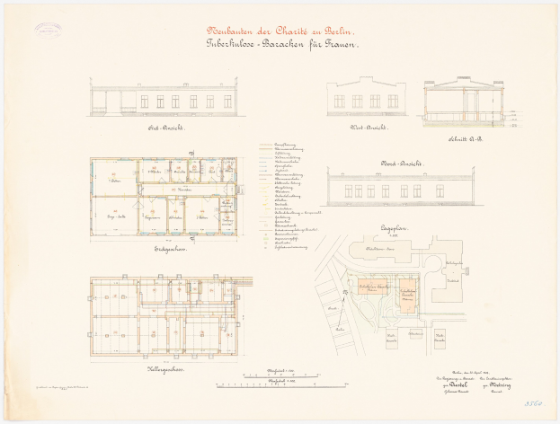 Schwarz-weißer Architekturentwurf der Berliner Schule der Architektur, mit Text und Raumbeschriftungen annotiert.