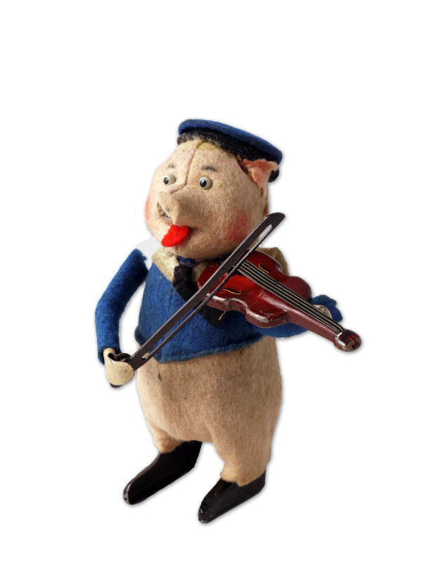 Ein Teddybär in einem blauen Kleid und Hut, der auf einem weißen Hintergrund eine Geige spielt.