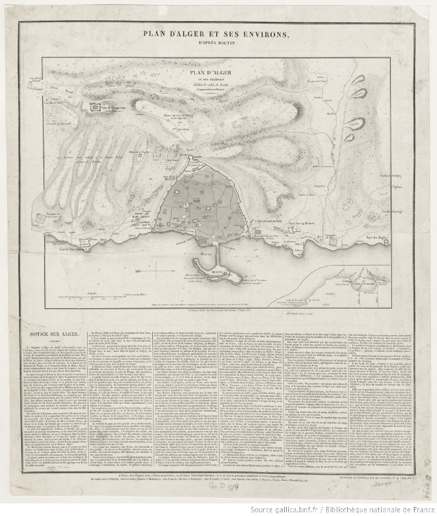 Ein detaillierter historischer Stadtplan von San Francisco, Kalifornien, beschriftet mit "Plan d'alger et ses environs" unten, der Straßen, Gebäude und Sehenswürdigkeiten zeigt.