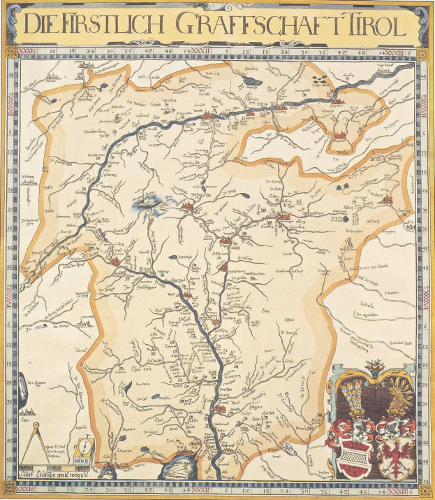 A detailed historical poster of the first Grafschaft Tirol map, showing geographical features like rivers, mountains, and cities, accompanied by explanatory text.