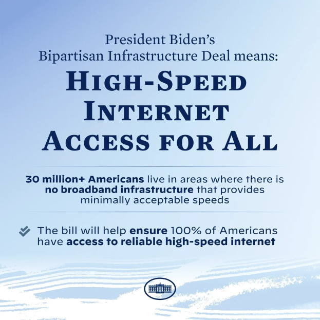 Plakat mit fettem schwarzem Text auf einem weißen Hintergrund: "Präsident Bidens bipartitanes Infrastrukturabkommen bedeutet High-Speed-Internetzugang für alle."