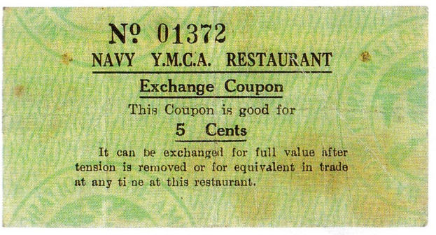 Papier mit dem Text "Navy YMCA Restaurant Exchange Coupon" darauf, das einen Restaurantgutschein anzeigt.