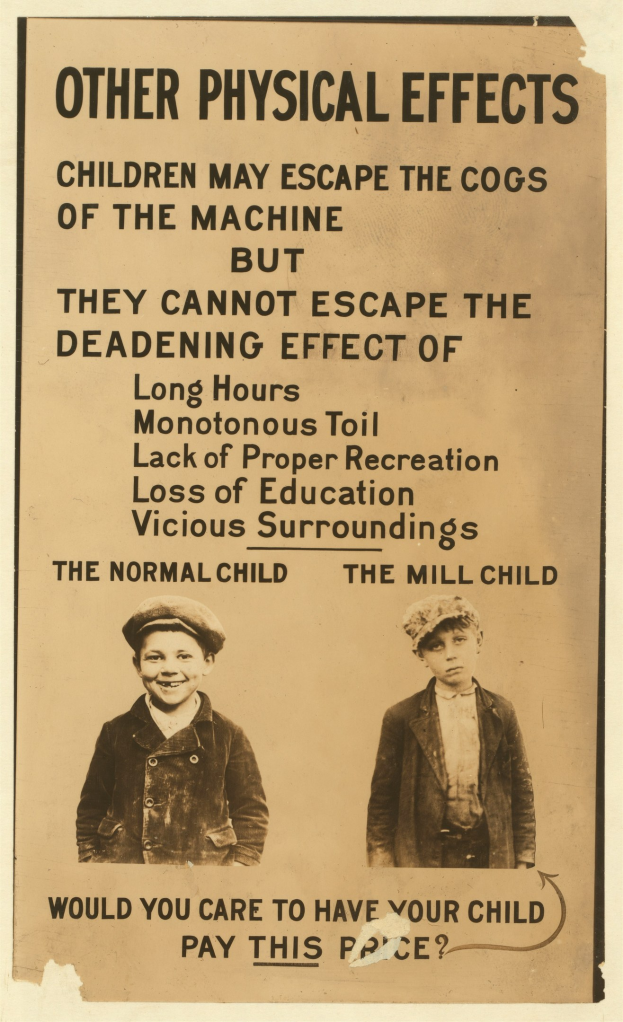 Plakat mit zwei Jungen nebeneinanderstehend, jeder mit einem menschlichen Gesicht, betitelt mit "Andere physische Auswirkungen, die Kinder den Maschinen entkommen können."