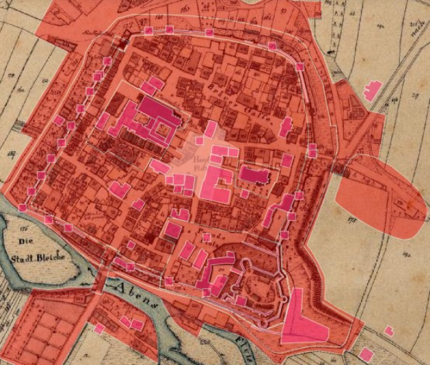 Alte Karte von Berlin, Deutschland, mit pinkfarbenen und cremefarbenen Gebäuden und Text, wahrscheinlich ein Stadtplan aus dem 16. Jahrhundert.