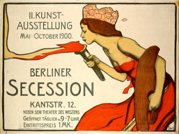 Ein Plakat aus dem Jahr 1900, das eine Berliner Secession ankündigt und eine Frau in rotem Kleid zeigt, die ein Objekt hält.