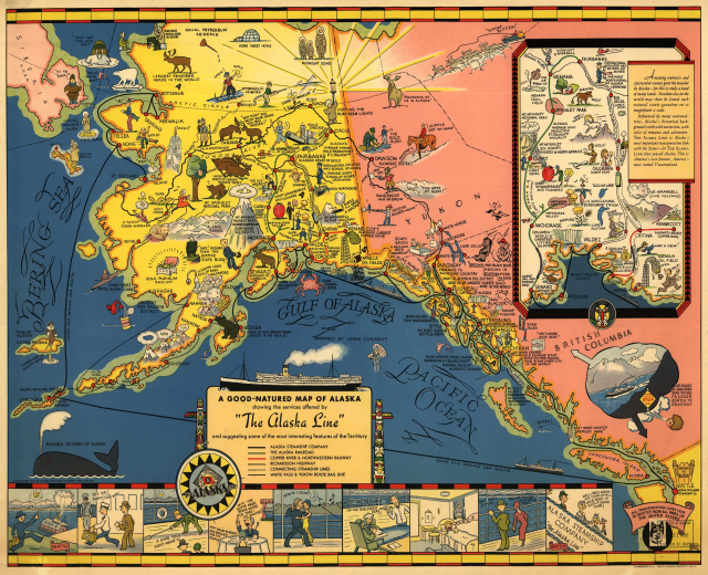 Farbenfrohe illustrierte Karte von Alaska mit beschrifteten Städten, Flüssen und Bergen.